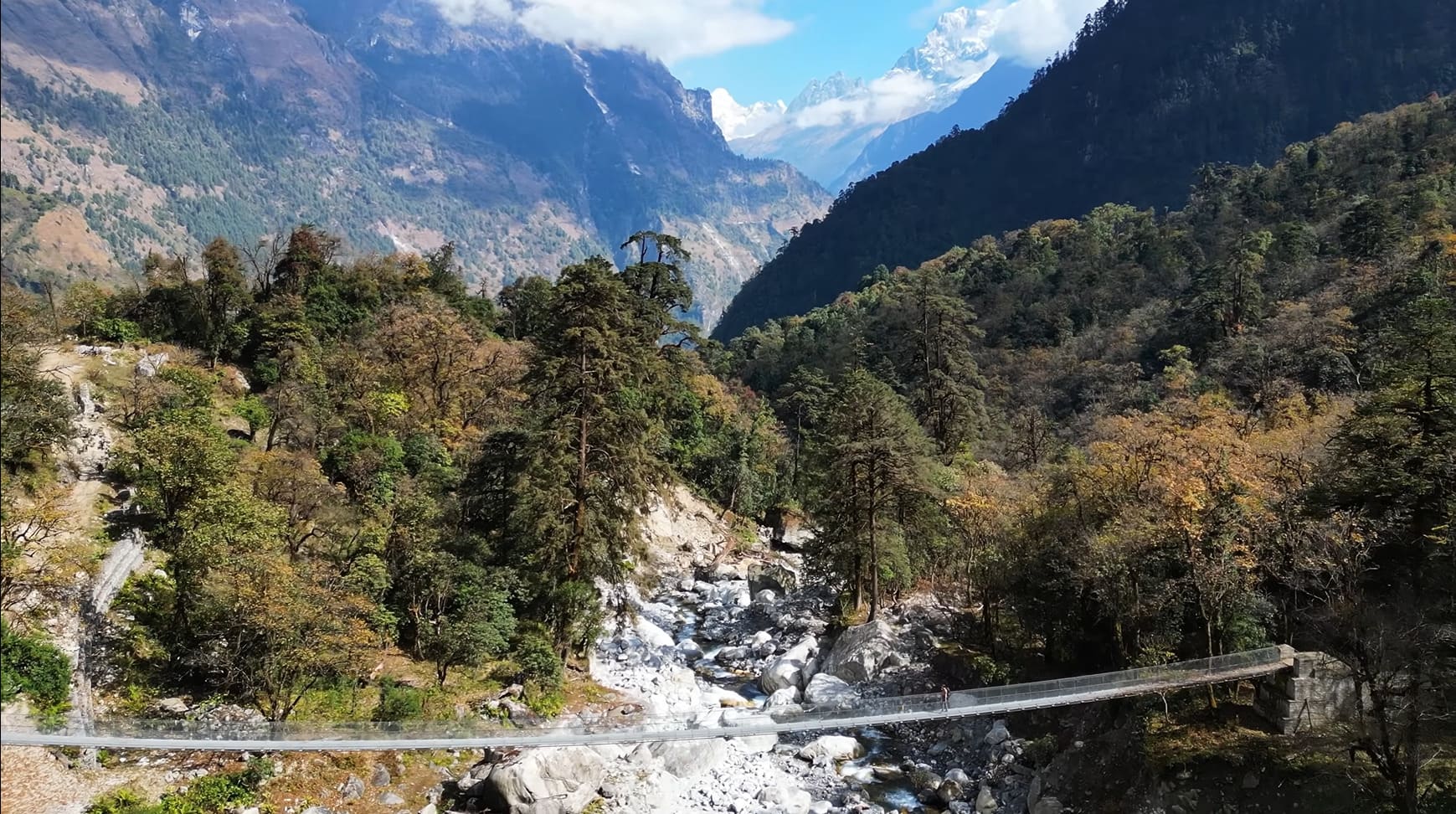 Lush green landscape of the Annapurna Circuit with terraced fields, hills, and distant mountain peaks.